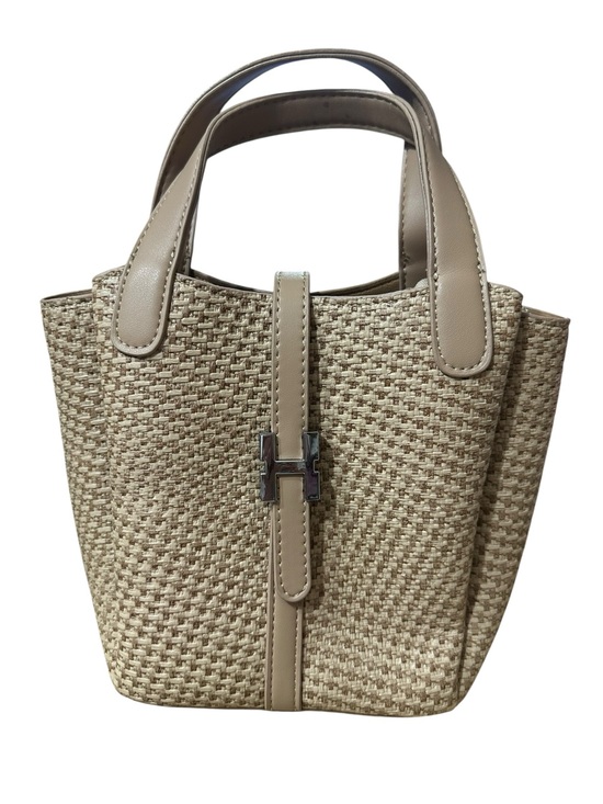 Handbags - Beige Woven Tote Bag with Leather Trim
